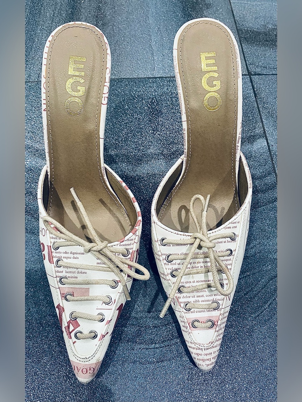 EGO "Yesterday's News" Y2K Lace-Up Newspaper Print Mules